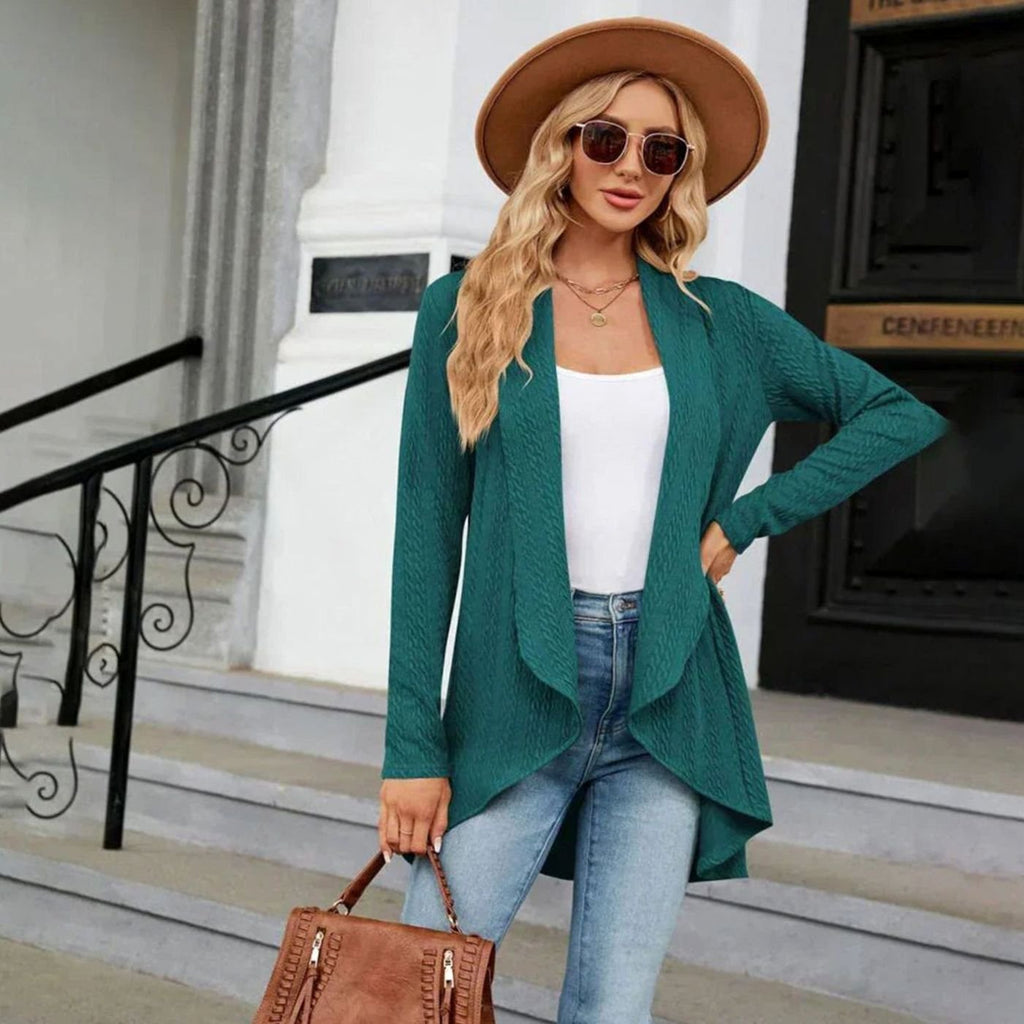 Women's Textured Open-Front Long-Sleeve Draped Cardigan, Teal Green