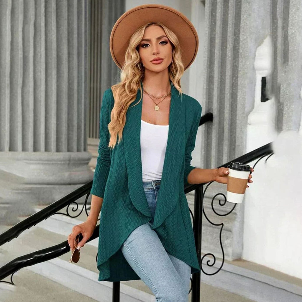 Women's Textured Open-Front Long-Sleeve Draped Cardigan, Teal Green