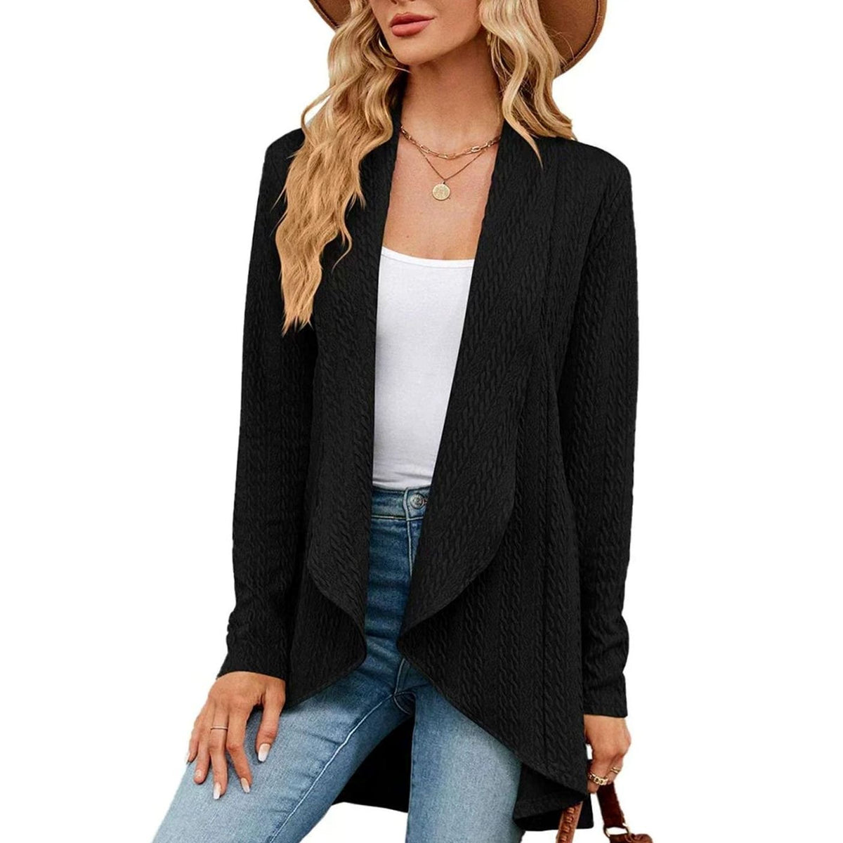 Women's Textured Open-Front Long-Sleeve Draped Cardigan, Teal Green - Black