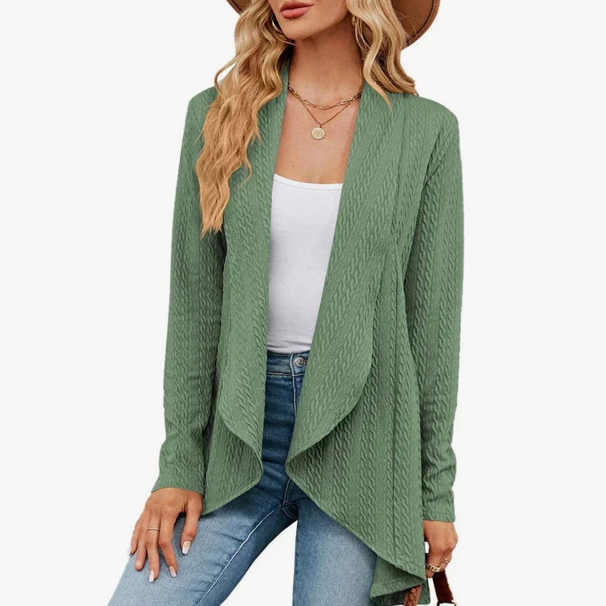 Women's Textured Open-Front Long-Sleeve Draped Cardigan, Teal Green - Light Green