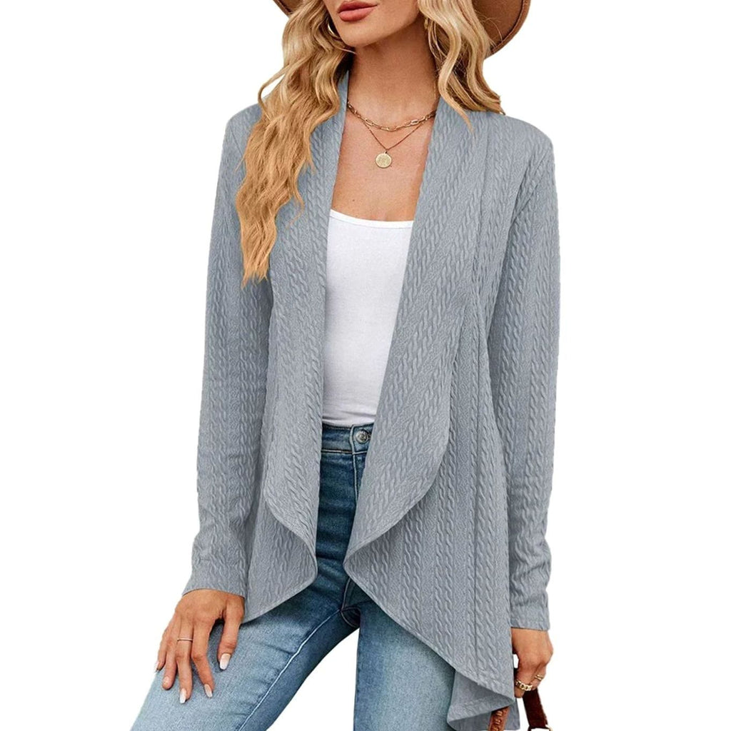 Women's Textured Open-Front Long-Sleeve Draped Cardigan, Teal Green - Grey