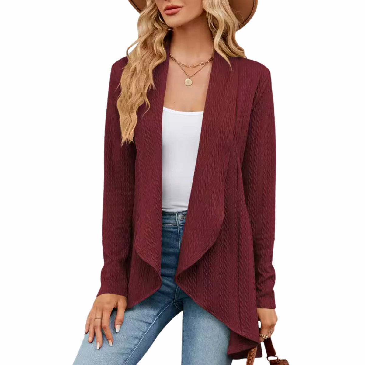 Women's Textured Open-Front Long-Sleeve Draped Cardigan, Teal Green - Red