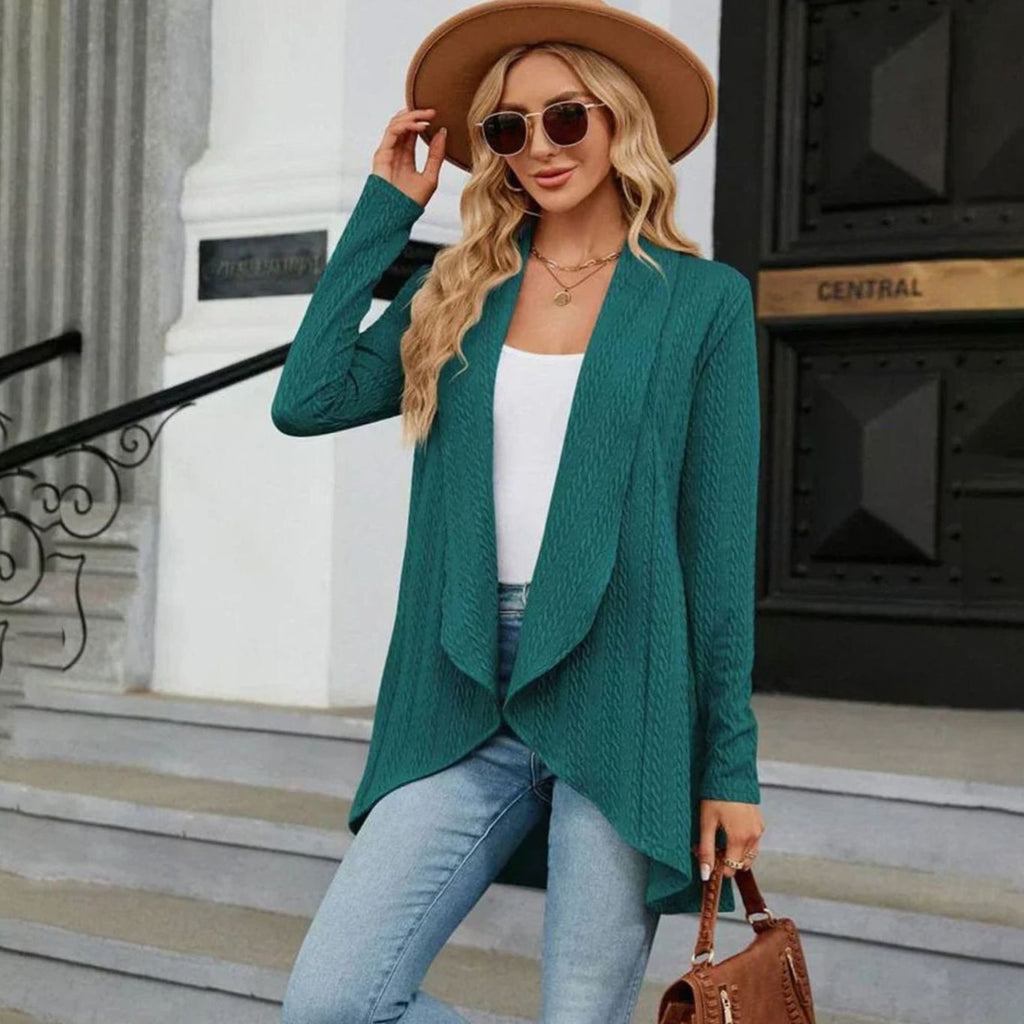 Women's Textured Open-Front Long-Sleeve Draped Cardigan, Teal Green
