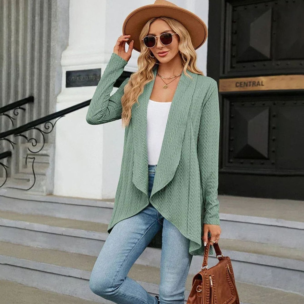 Women's Textured Open-Front Long-Sleeve Draped Cardigan, Teal Green
