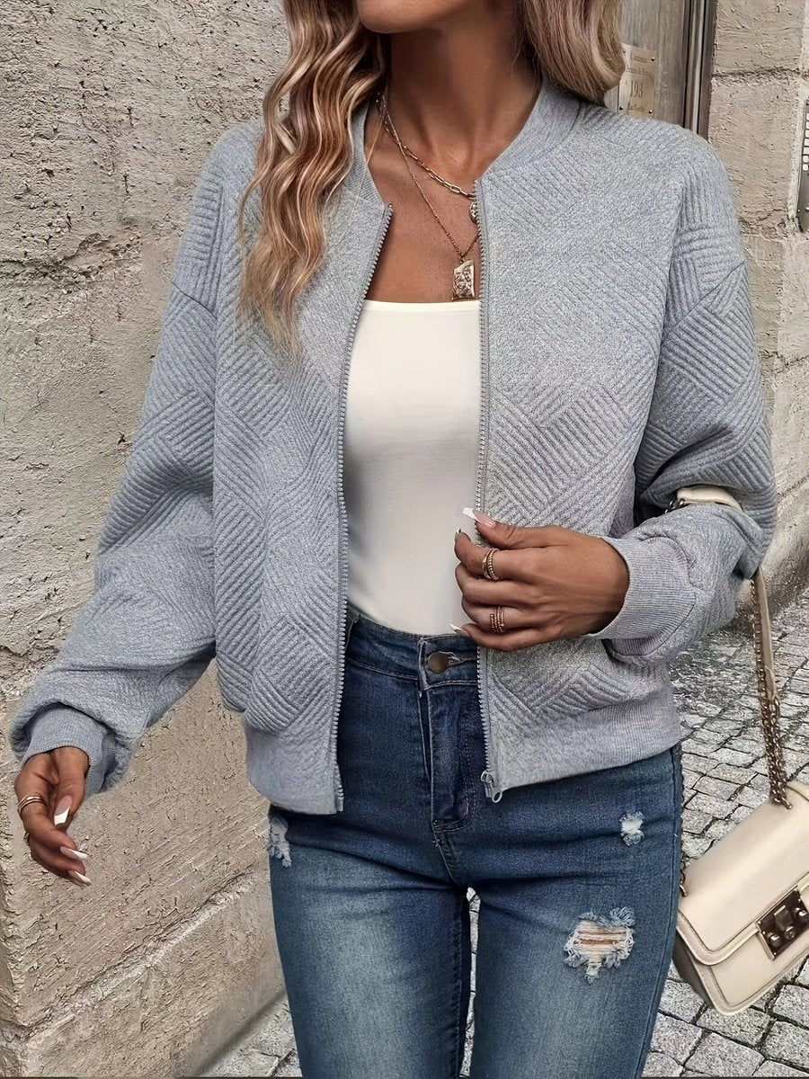 Women's Textured Zip-Up Quilted Jacket Lightweight Bomber - Gray