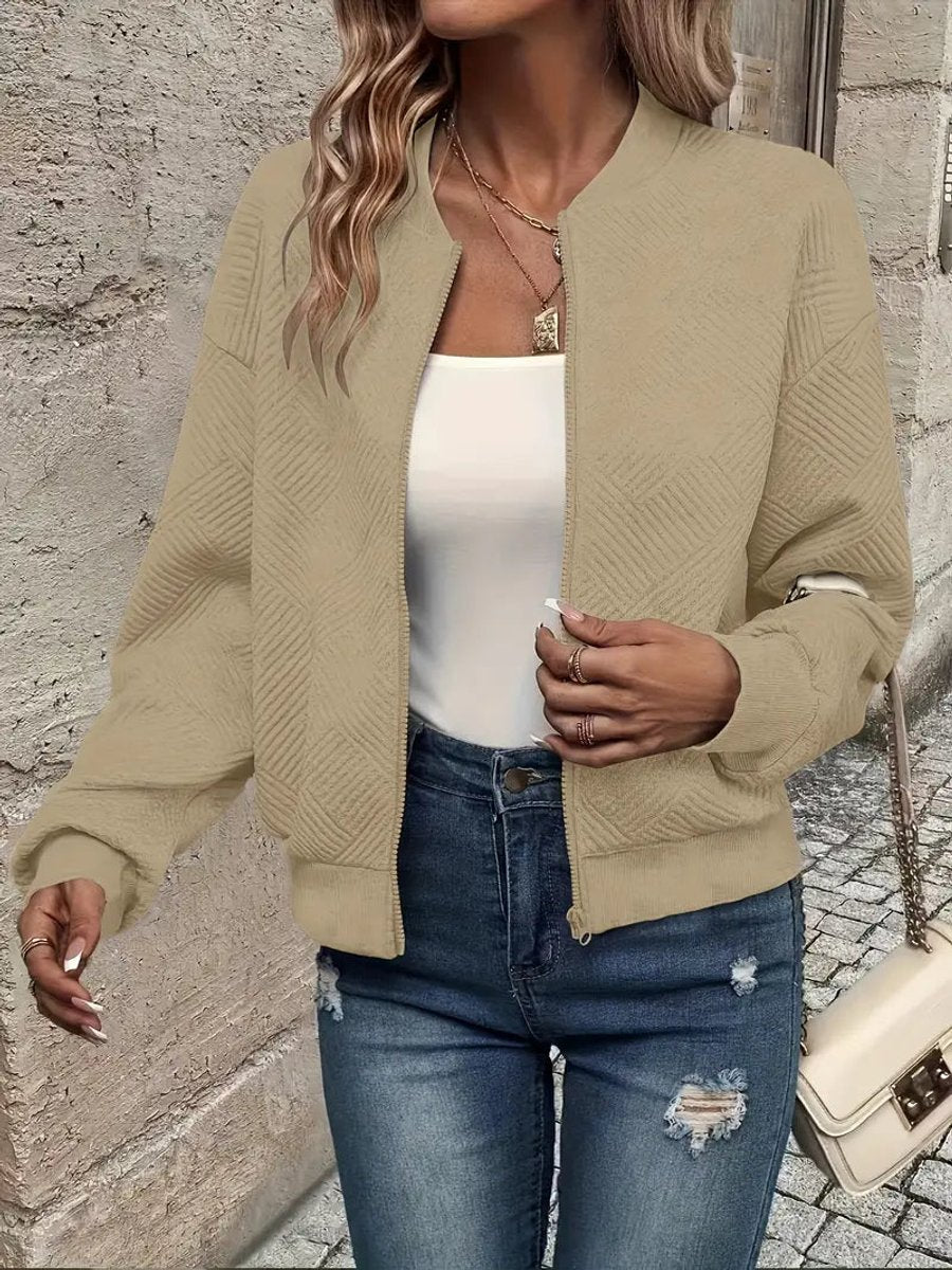 Women's Textured Zip-Up Quilted Jacket Lightweight Bomber - Khaki