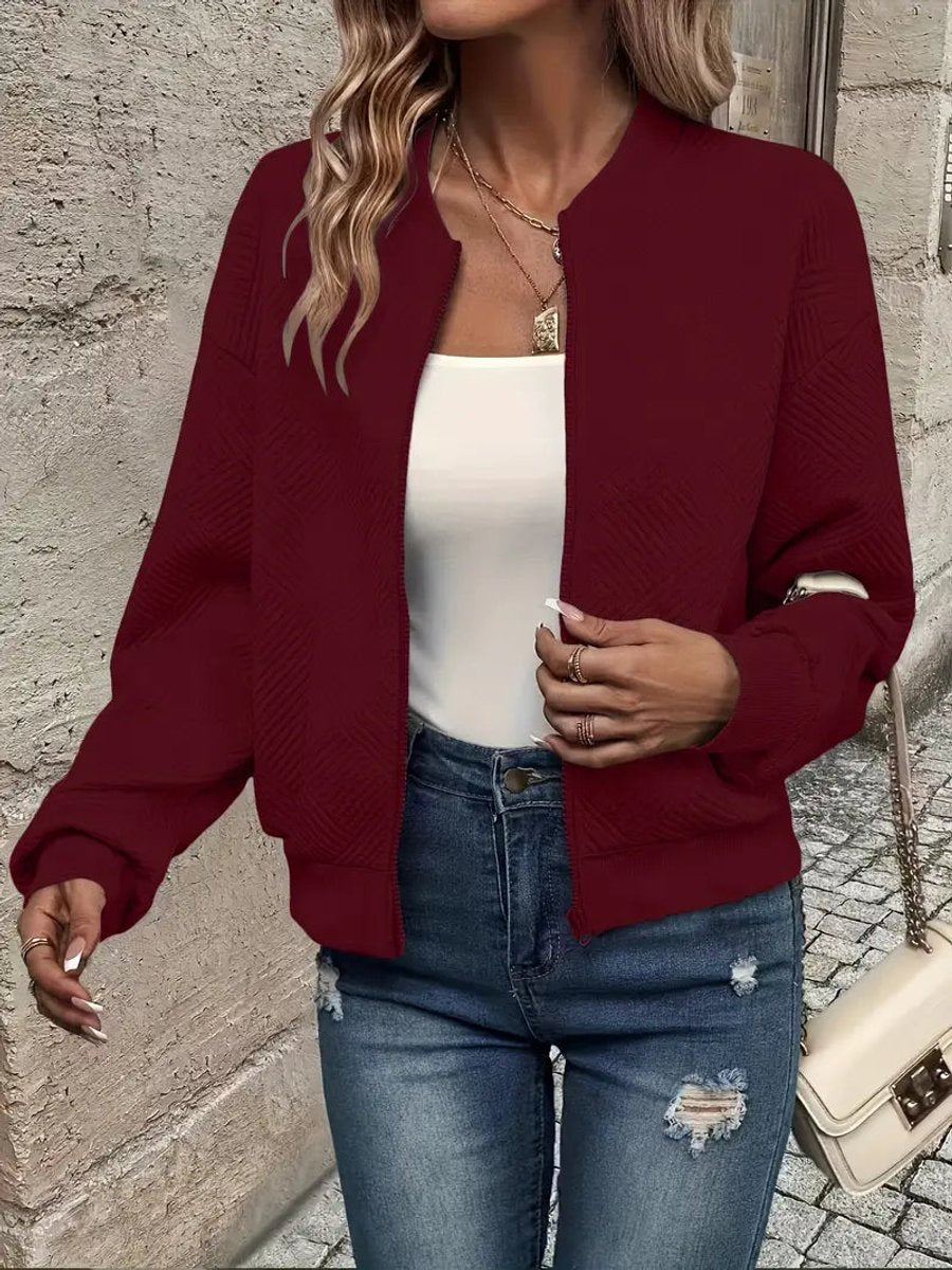 Women's Textured Zip-Up Quilted Jacket Lightweight Bomber - Dark Red