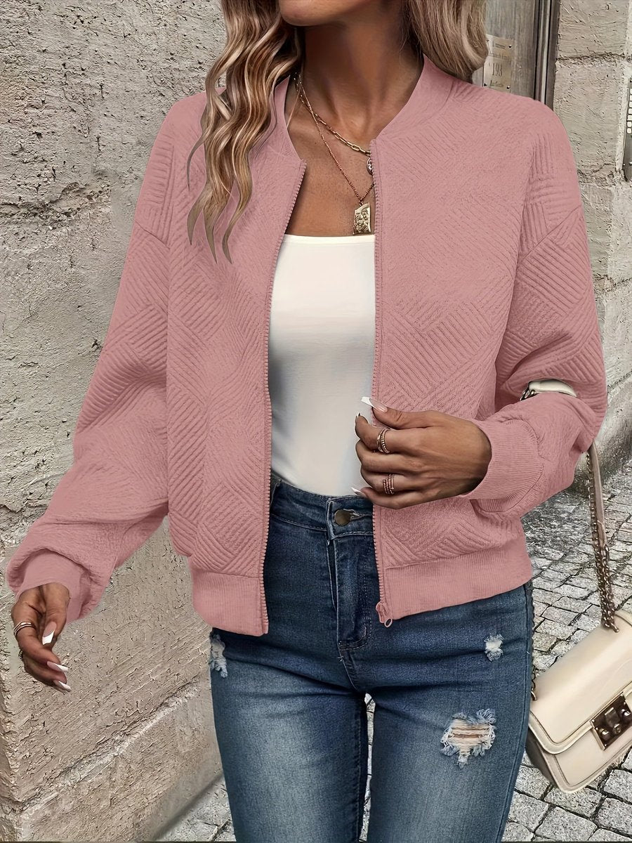 Women's Textured Zip-Up Quilted Jacket Lightweight Bomber - Pink
