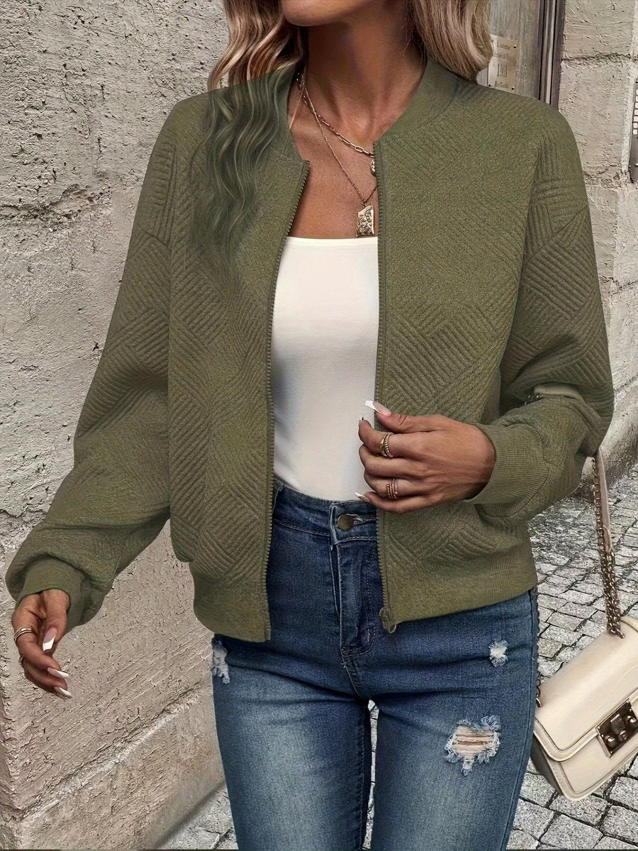 Women's Textured Zip-Up Quilted Jacket Lightweight Bomber - Olive Green