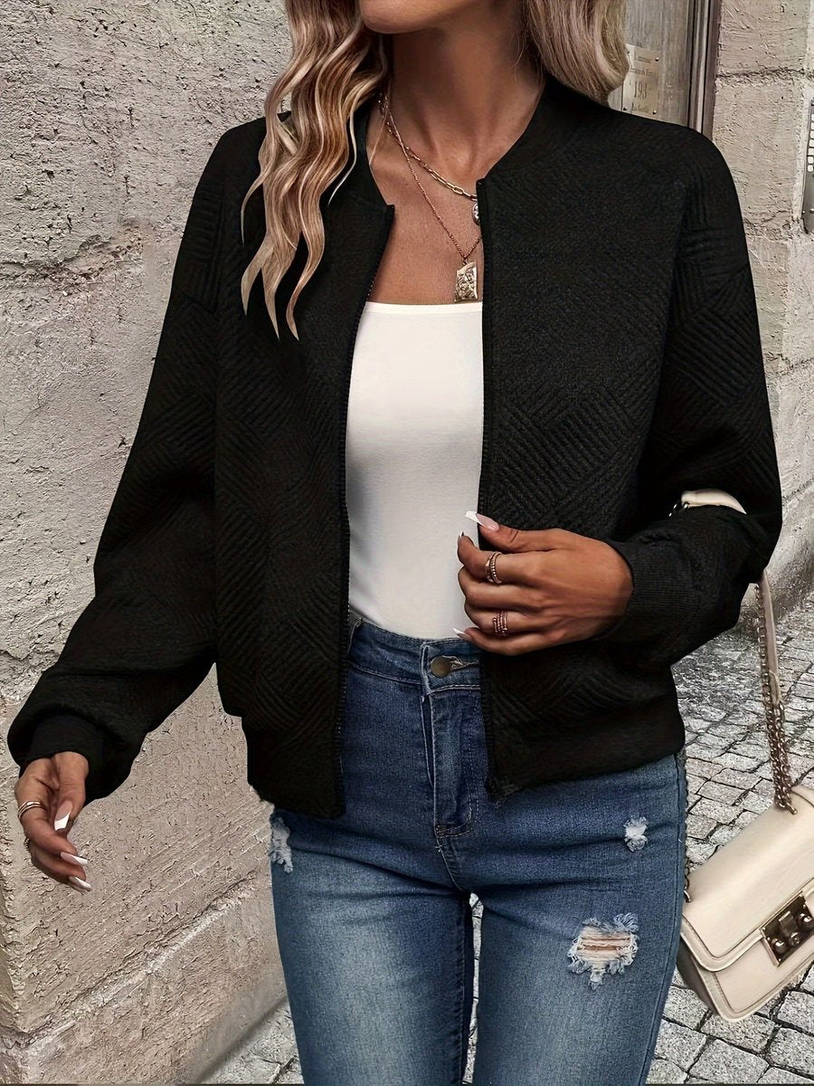 Women's Textured Zip-Up Quilted Jacket Lightweight Bomber - Black