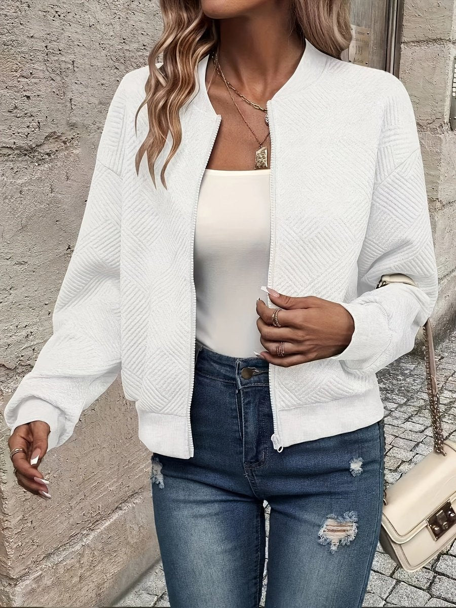 Women's Textured Zip-Up Quilted Jacket Lightweight Bomber - White