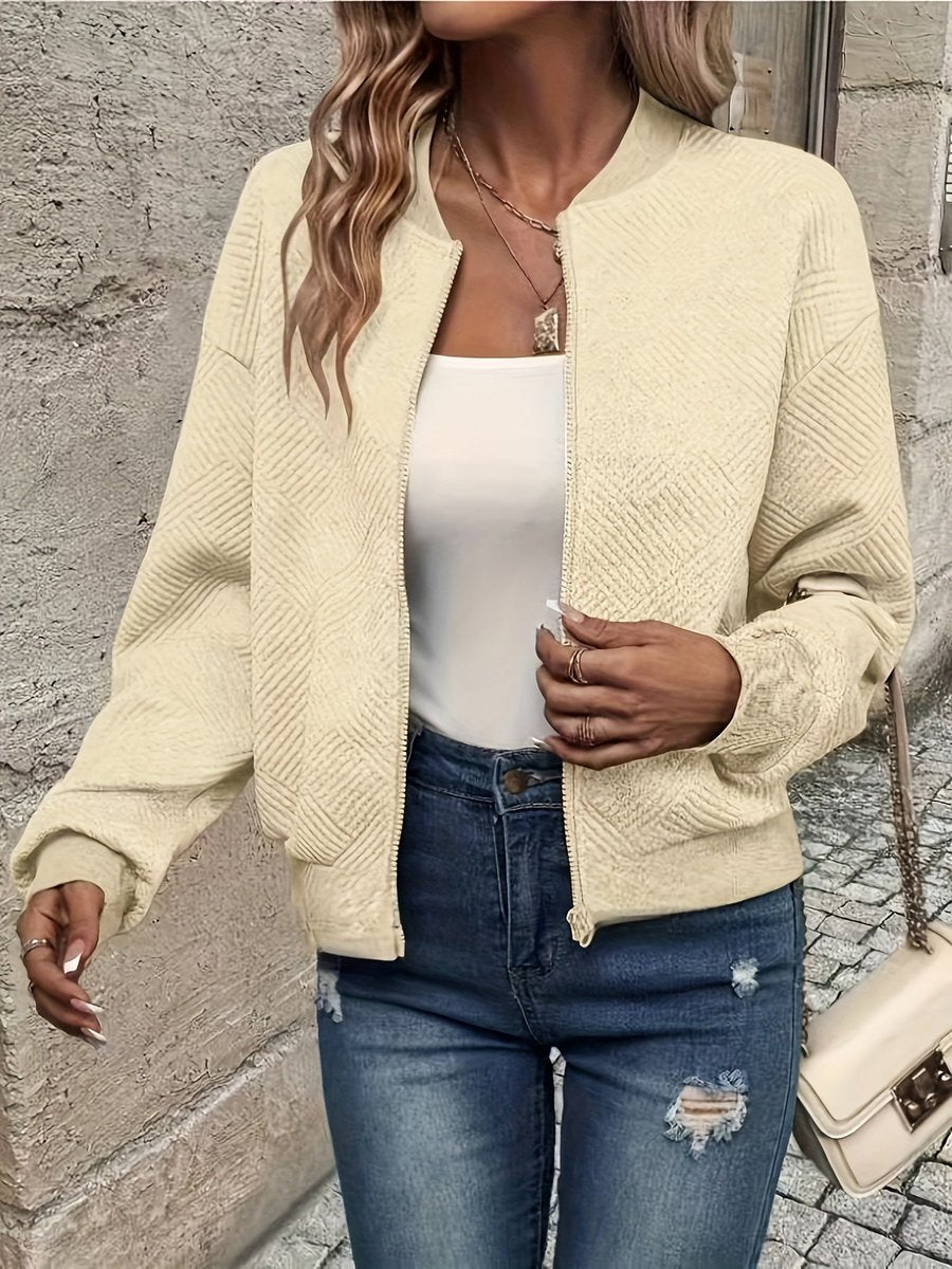 Women's Textured Zip-Up Quilted Jacket Lightweight Bomber - Apricot