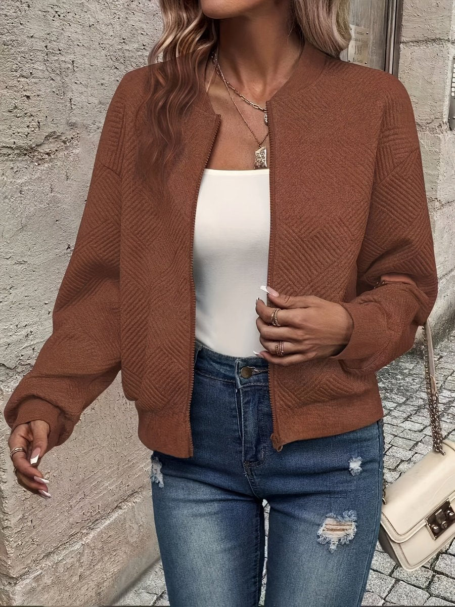 Women's Textured Zip-Up Quilted Jacket Lightweight Bomber - Dark Brown