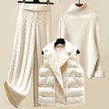 Women's Three-Piece Cable-Knit Turtleneck Loungewear Set Wide-Leg Pants Quilted Vest - White
