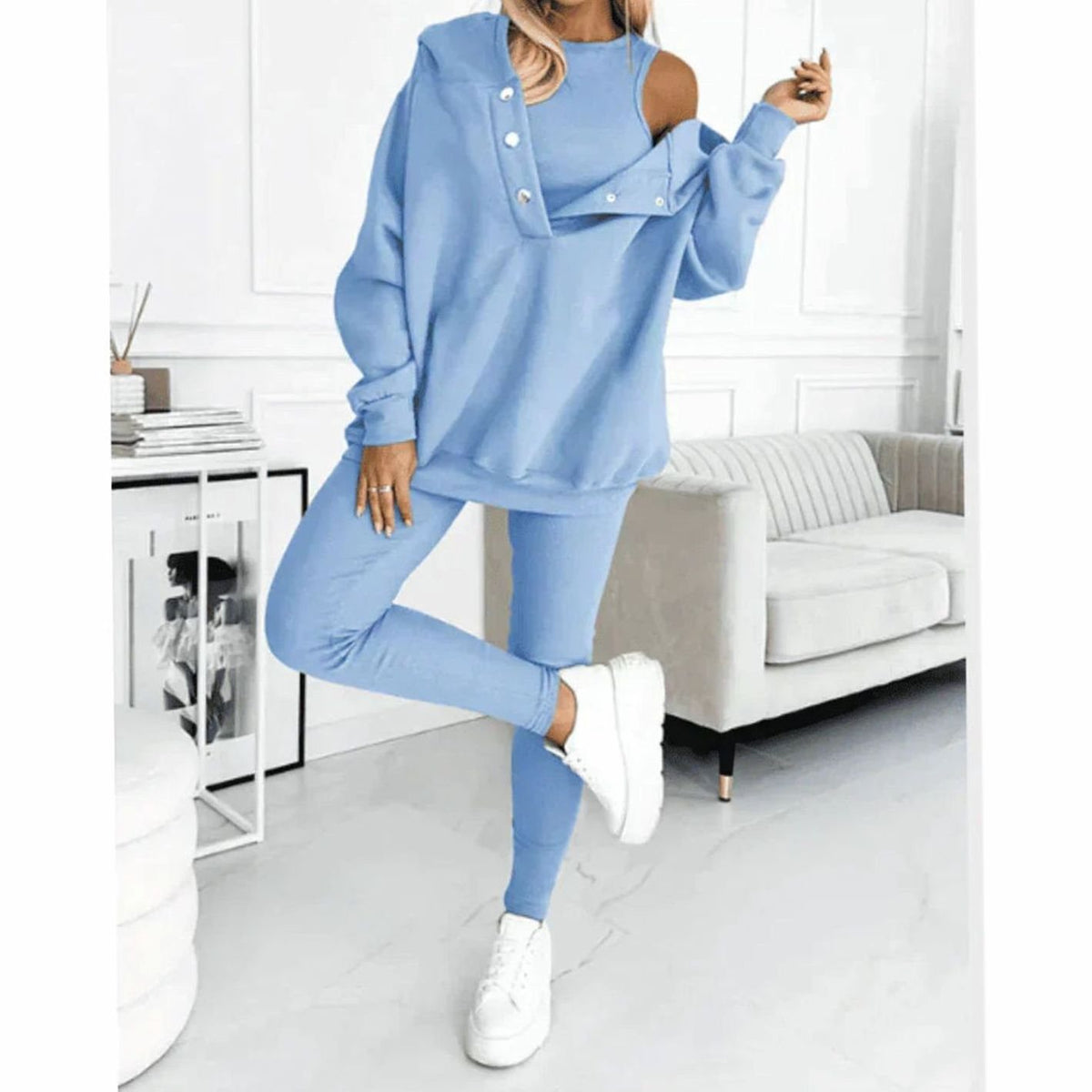 Women's Three-Piece Hooded Lounge Winter Set - Blue