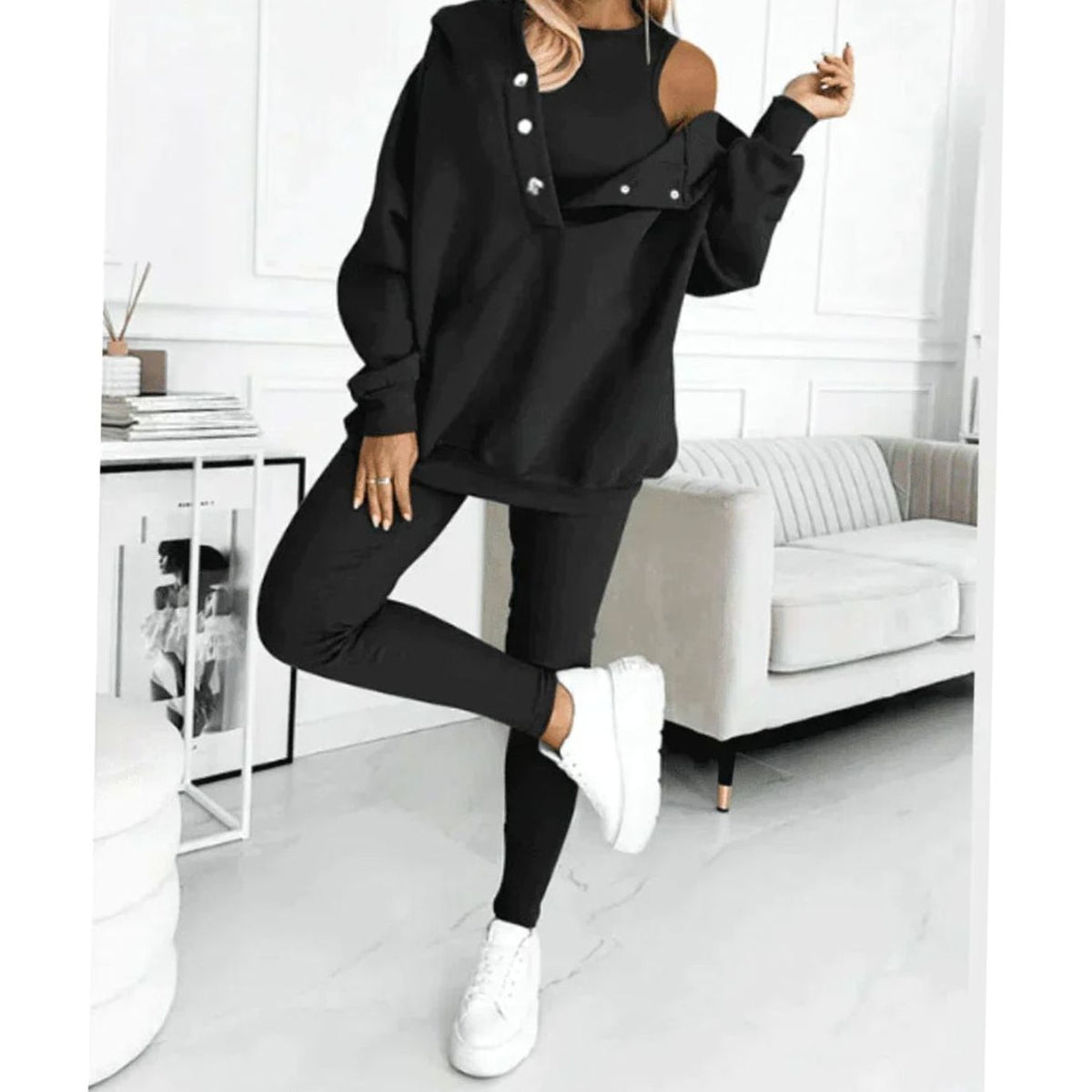 Women's Three-Piece Hooded Lounge Winter Set - Black