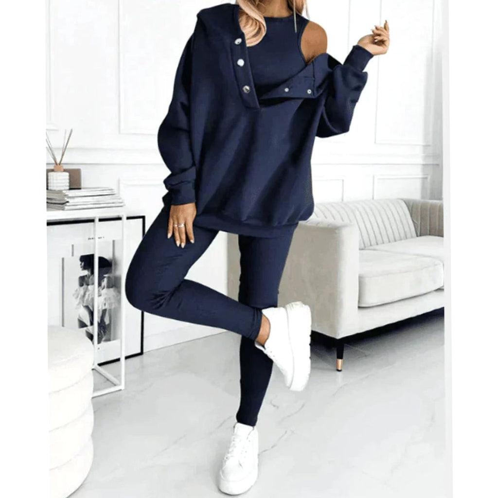 Women's Three-Piece Hooded Lounge Winter Set - Dark Blue