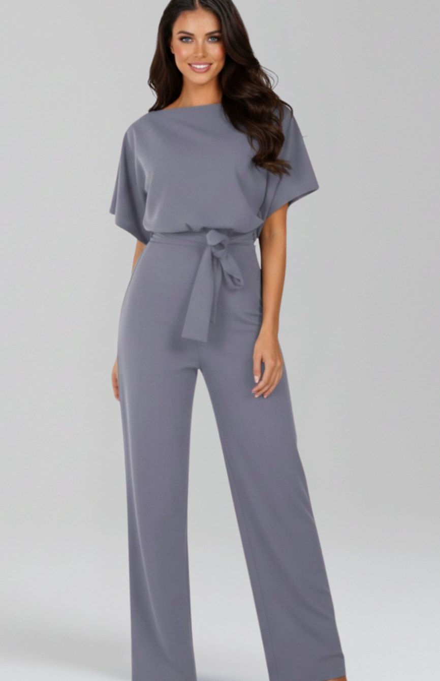 Women's Tie-Belt Wide-Leg Short-Sleeve Jumpsuit - Gray