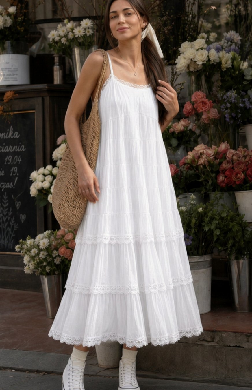 Women's Tiered Lace Spaghetti Strap Relaxed Cotton Midi Dress - White