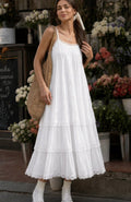 Women's Tiered Lace Spaghetti Strap Relaxed Cotton Midi Dress - White