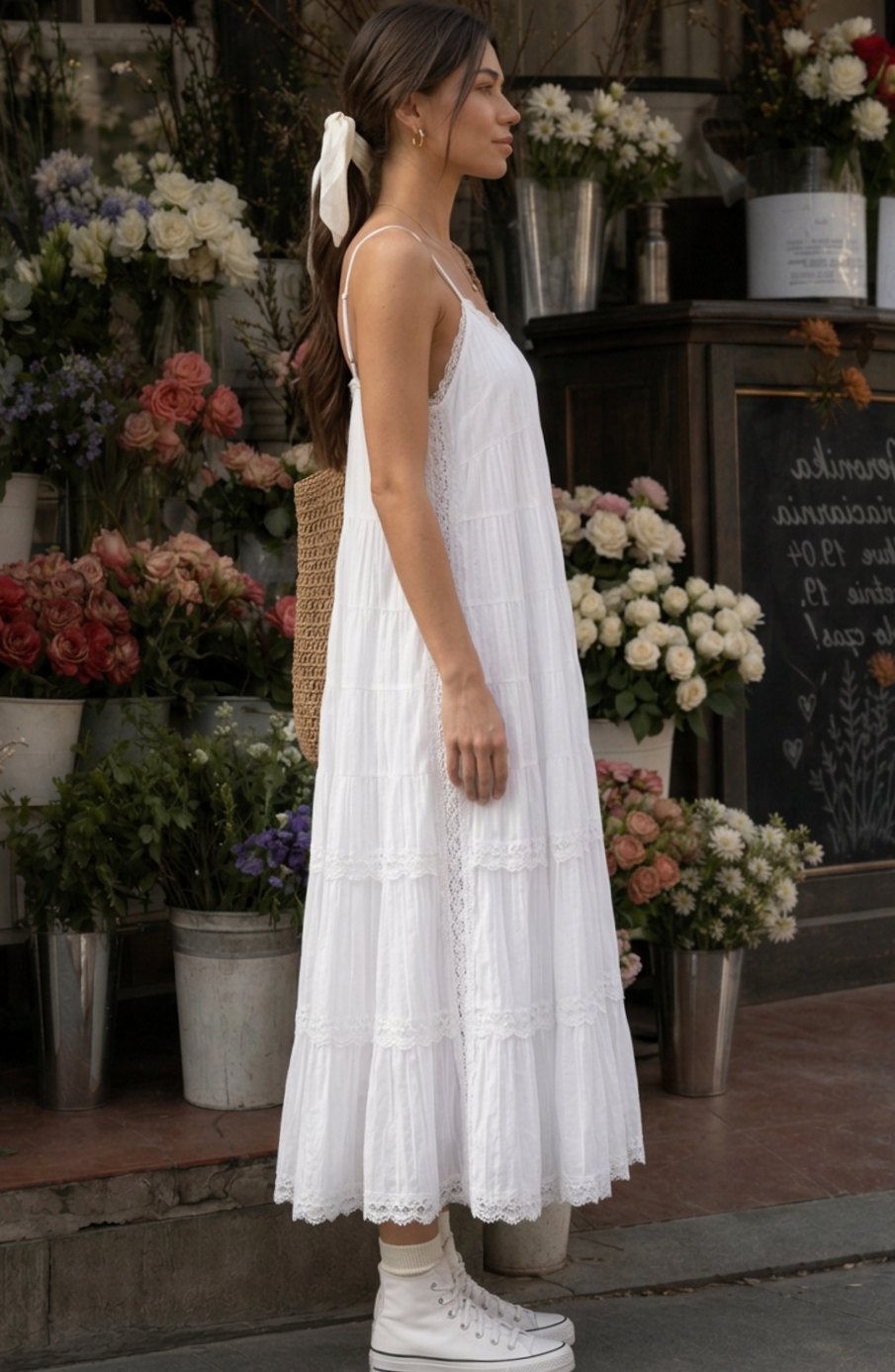 Women's Tiered Lace Spaghetti Strap Relaxed Cotton Midi Dress