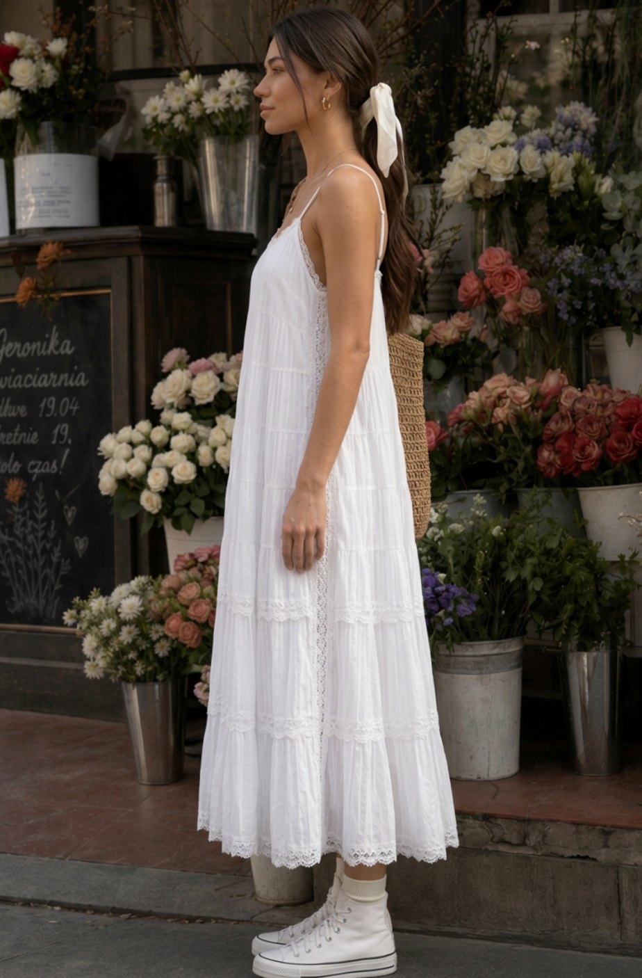 Women's Tiered Lace Spaghetti Strap Relaxed Cotton Midi Dress
