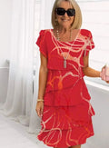 Women's Tiered Ruffle A-Line Short Sleeve Midi Dress - Red