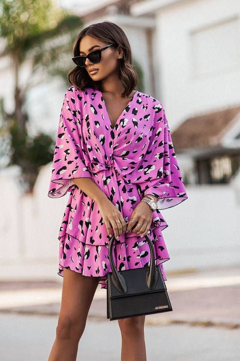 Women's Tropical Print Tiered Kimono-Sleeve Mini Cocktail Dress - Pink