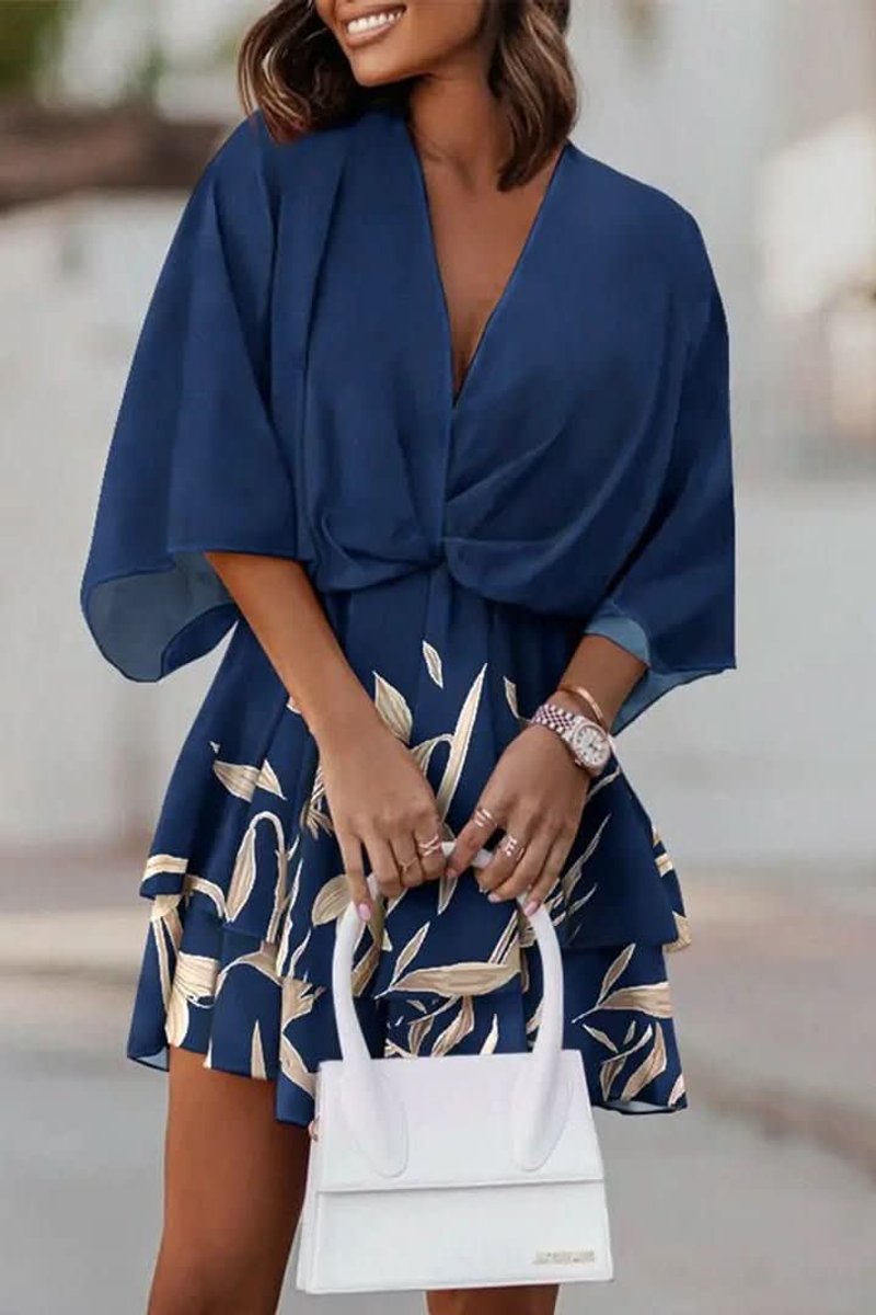 Women's Tropical Print Tiered Kimono-Sleeve Mini Cocktail Dress