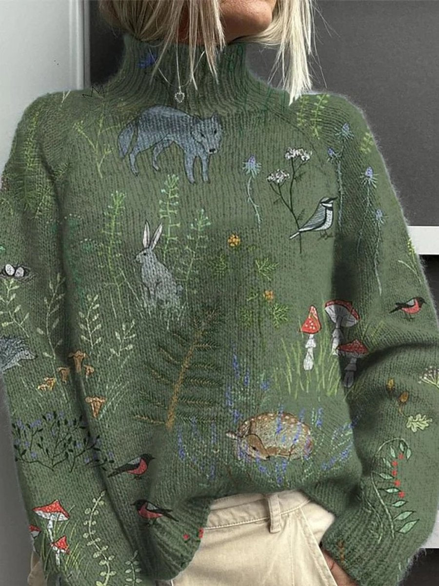 Women's Turtleneck Forest Print Loose Knit Sweater - Green