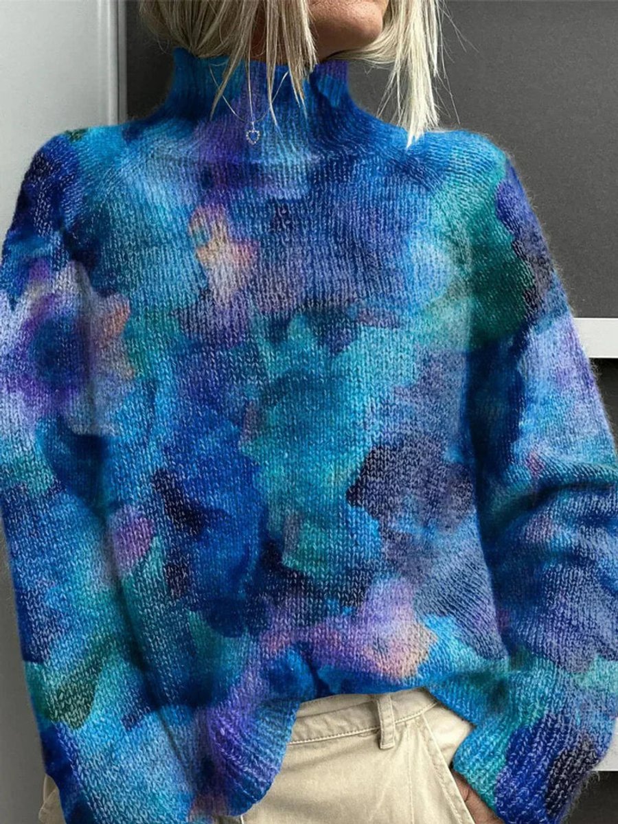 Women's Turtleneck Forest Print Loose Knit Sweater - Blue