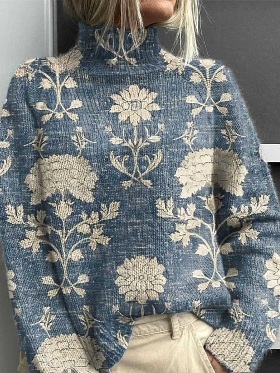 Women's Turtleneck Forest Print Loose Knit Sweater - Light Blue