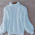 Women's Turtleneck Fuzzy Loose-Fit Pullover Knit Sweater - Blue