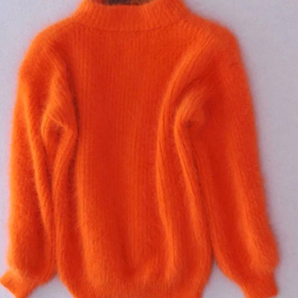 Women's Turtleneck Fuzzy Loose-Fit Pullover Knit Sweater - Orange
