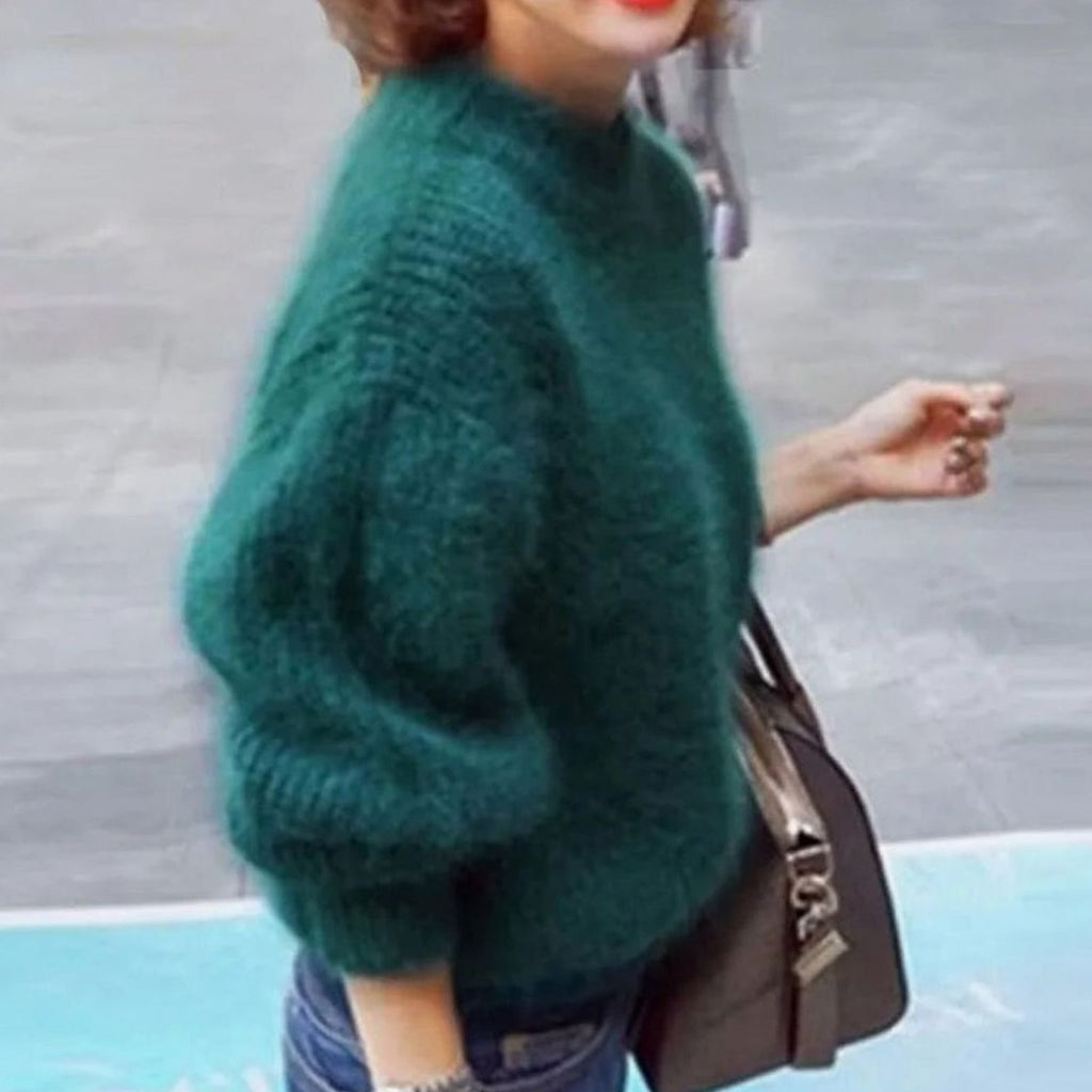 Women's Turtleneck Fuzzy Loose-Fit Pullover Knit Sweater - Green