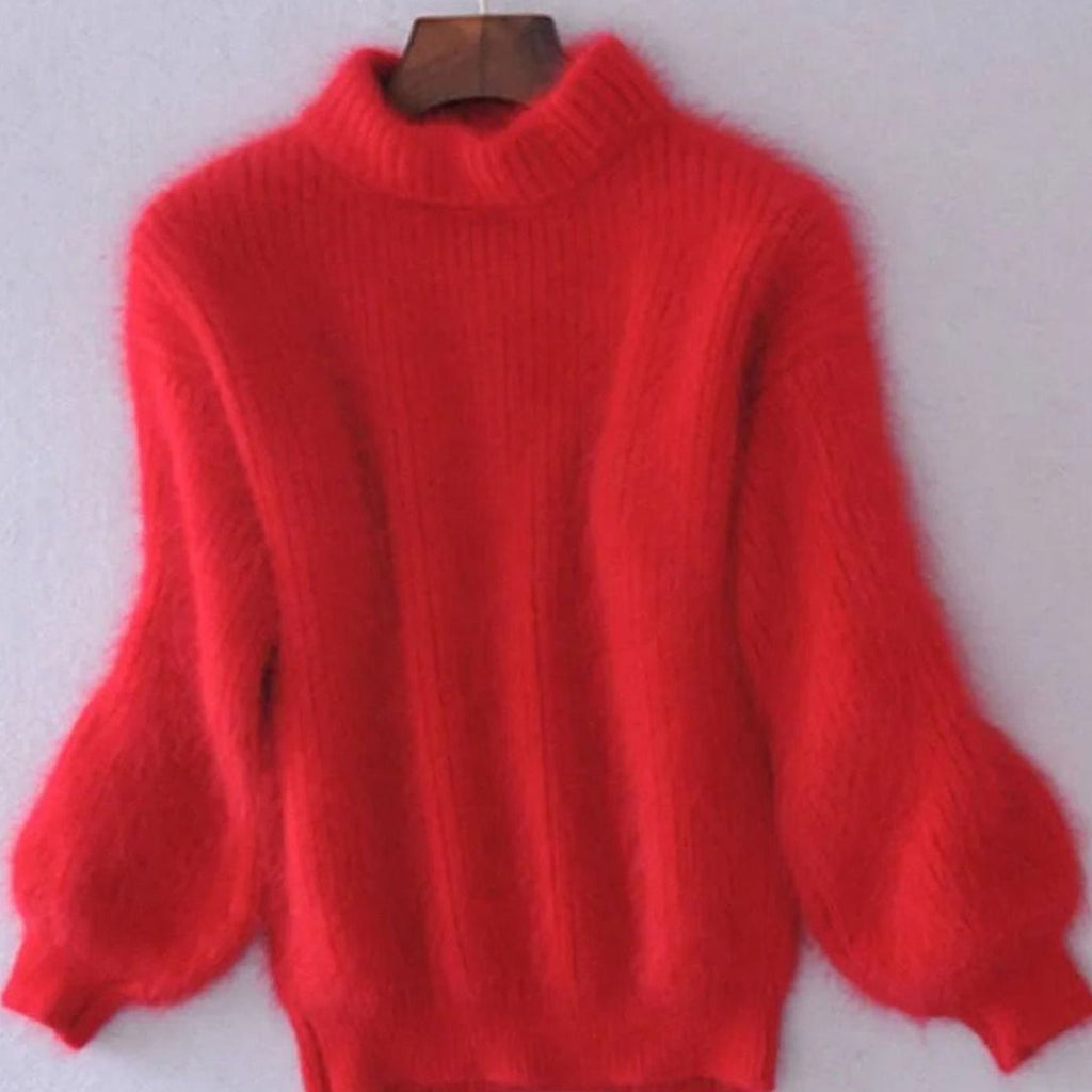 Women's Turtleneck Fuzzy Loose-Fit Pullover Knit Sweater - Red