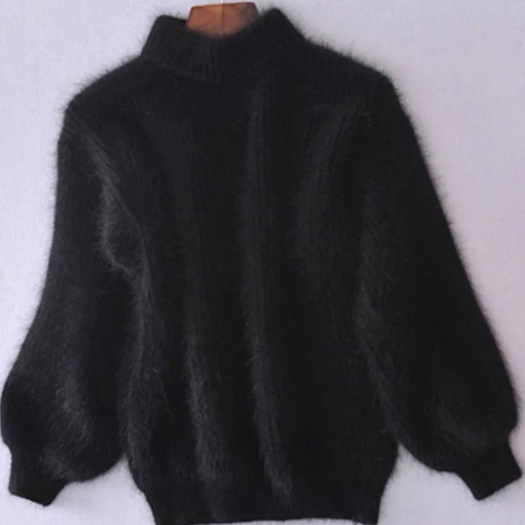 Women's Turtleneck Fuzzy Loose-Fit Pullover Knit Sweater - Black