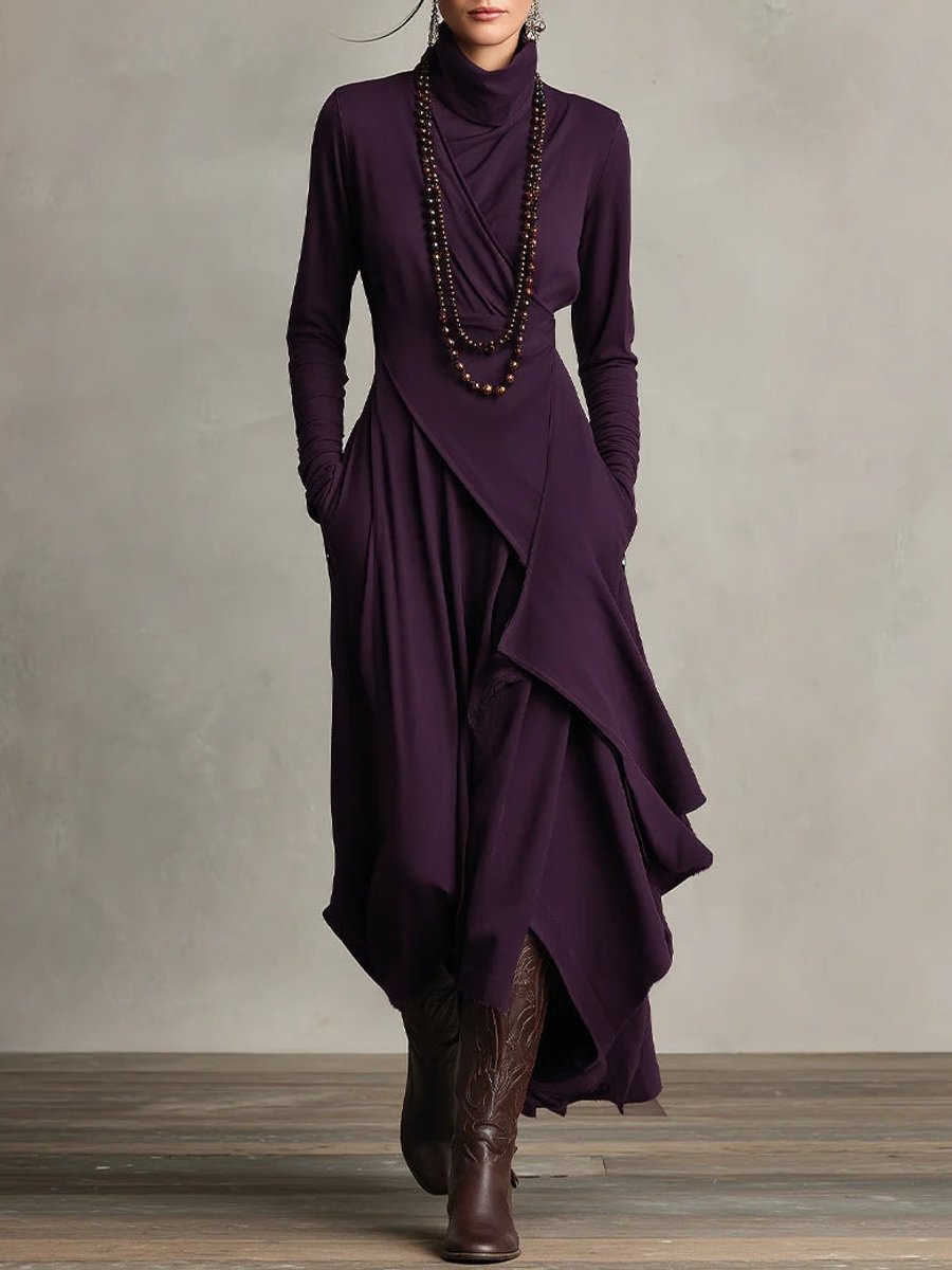 Women's Turtleneck Long Sleeve Dress Asymmetric Draped Maxi - Purple