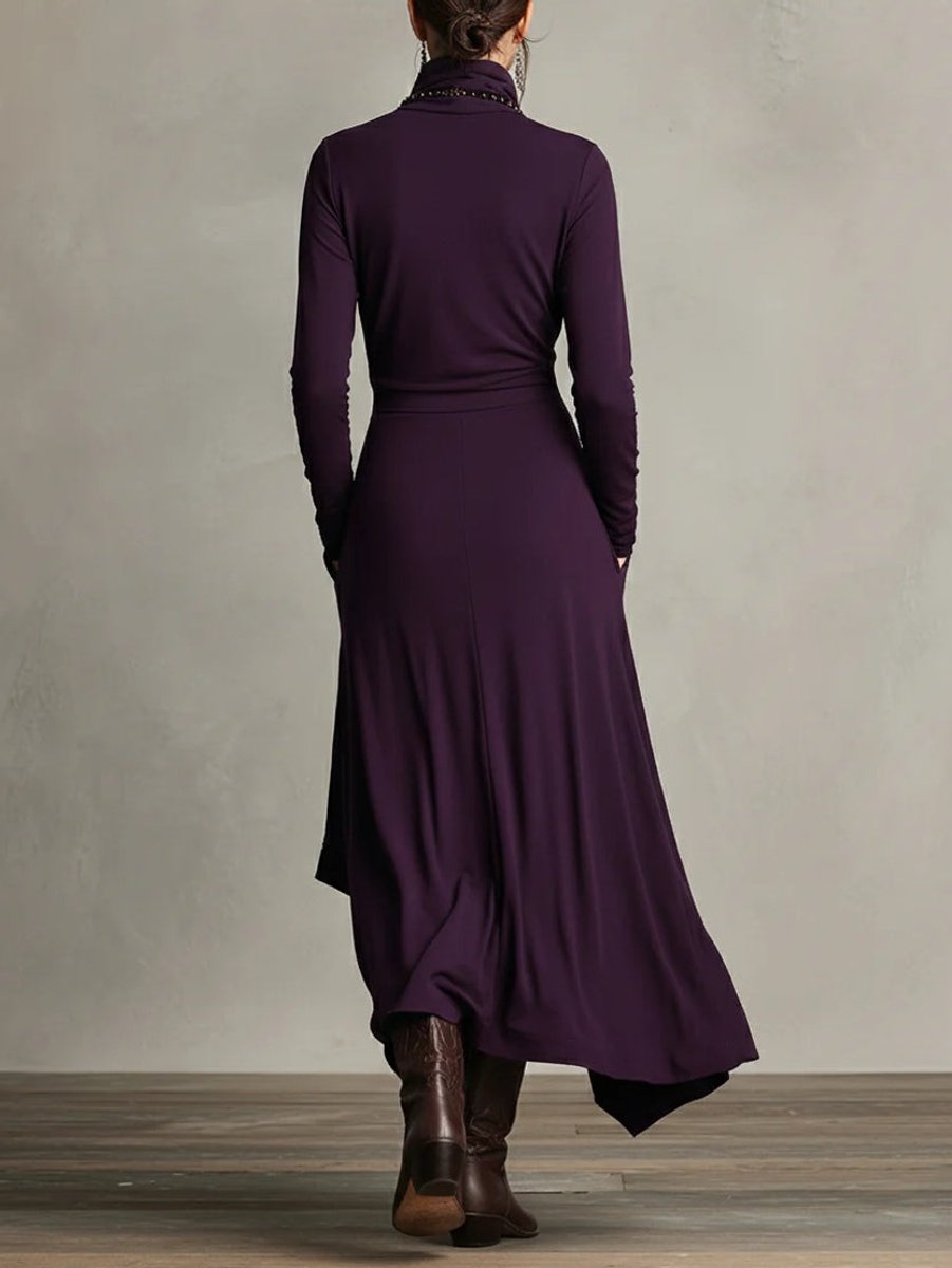 Women's Turtleneck Long Sleeve Dress Asymmetric Draped Maxi