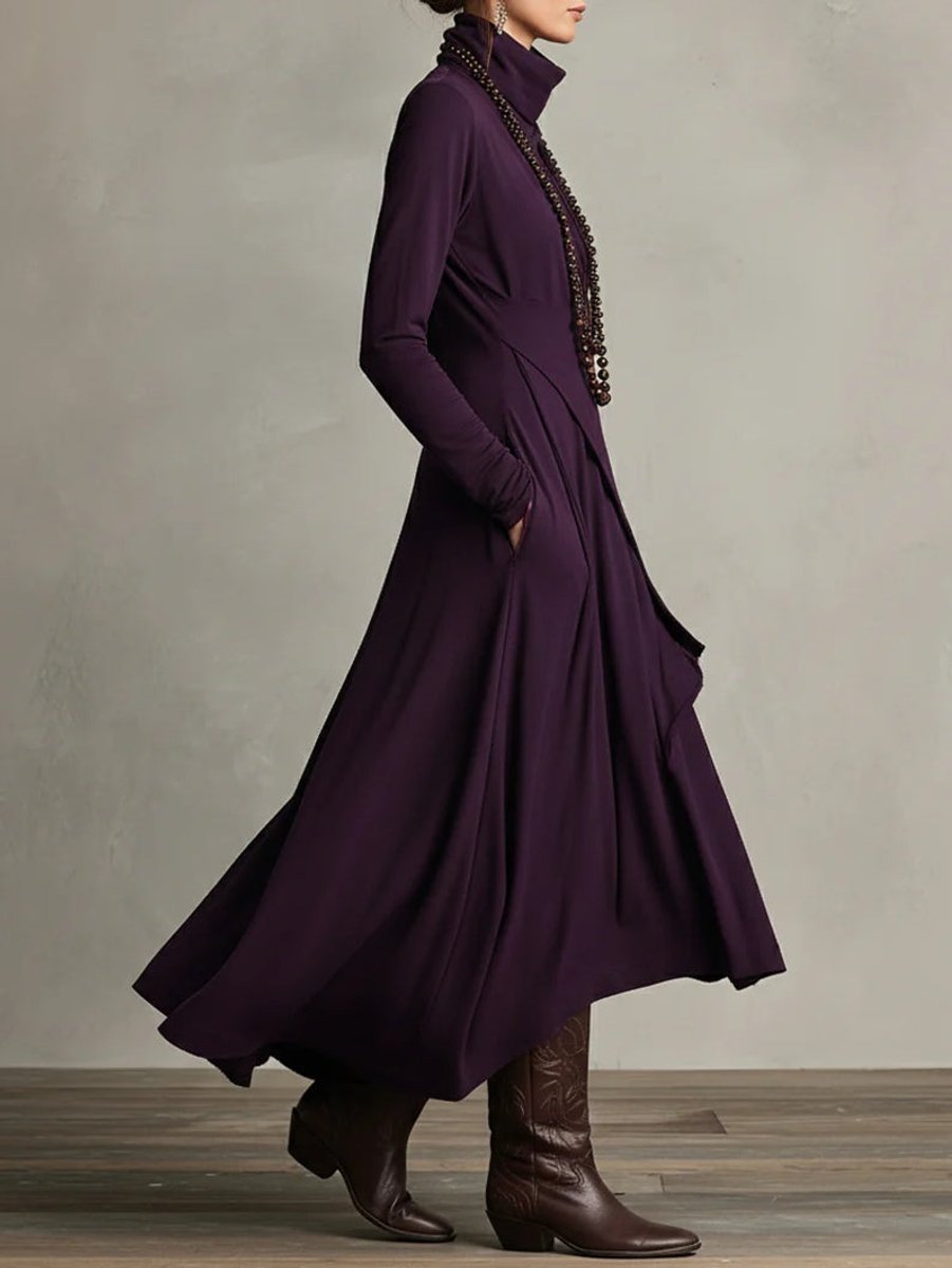 Women's Turtleneck Long Sleeve Dress Asymmetric Draped Maxi