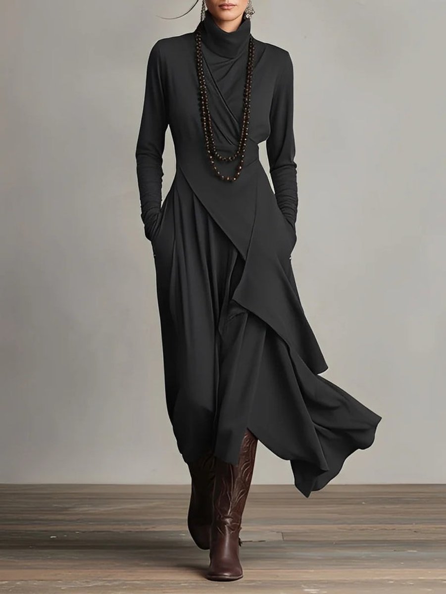 Women's Turtleneck Long Sleeve Dress Asymmetric Draped Maxi - Black