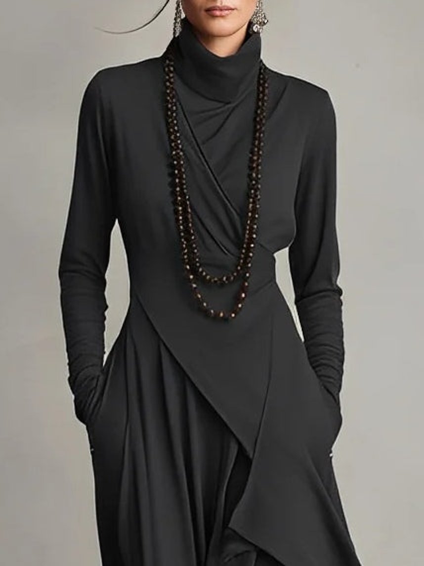 Women's Turtleneck Long Sleeve Dress Asymmetric Draped Maxi