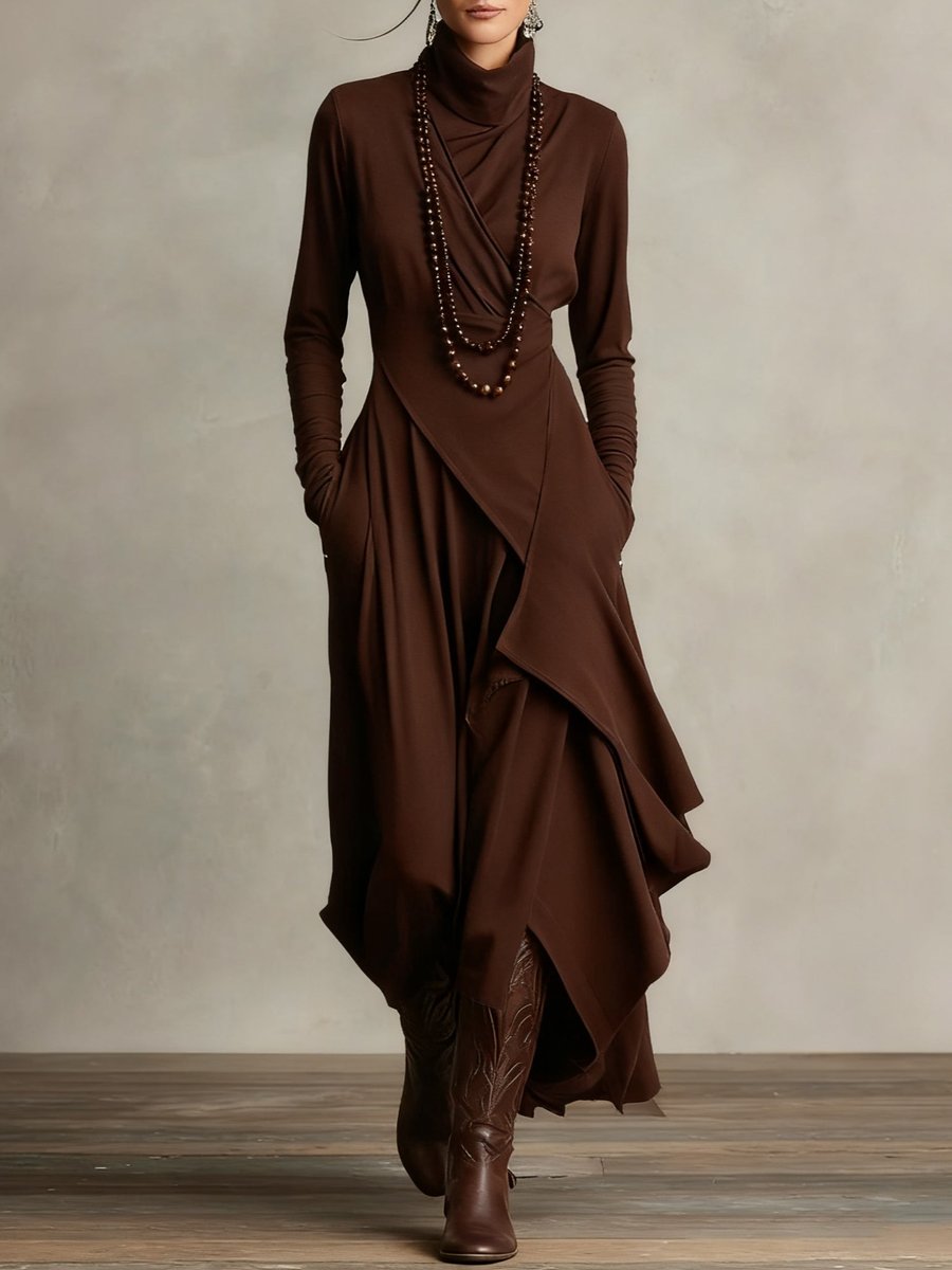 Women's Turtleneck Long Sleeve Dress Asymmetric Draped Maxi - Brown