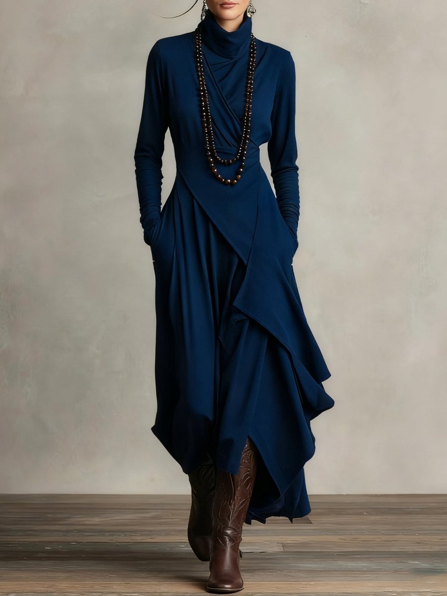 Women's Turtleneck Long Sleeve Dress Asymmetric Draped Maxi - Navy