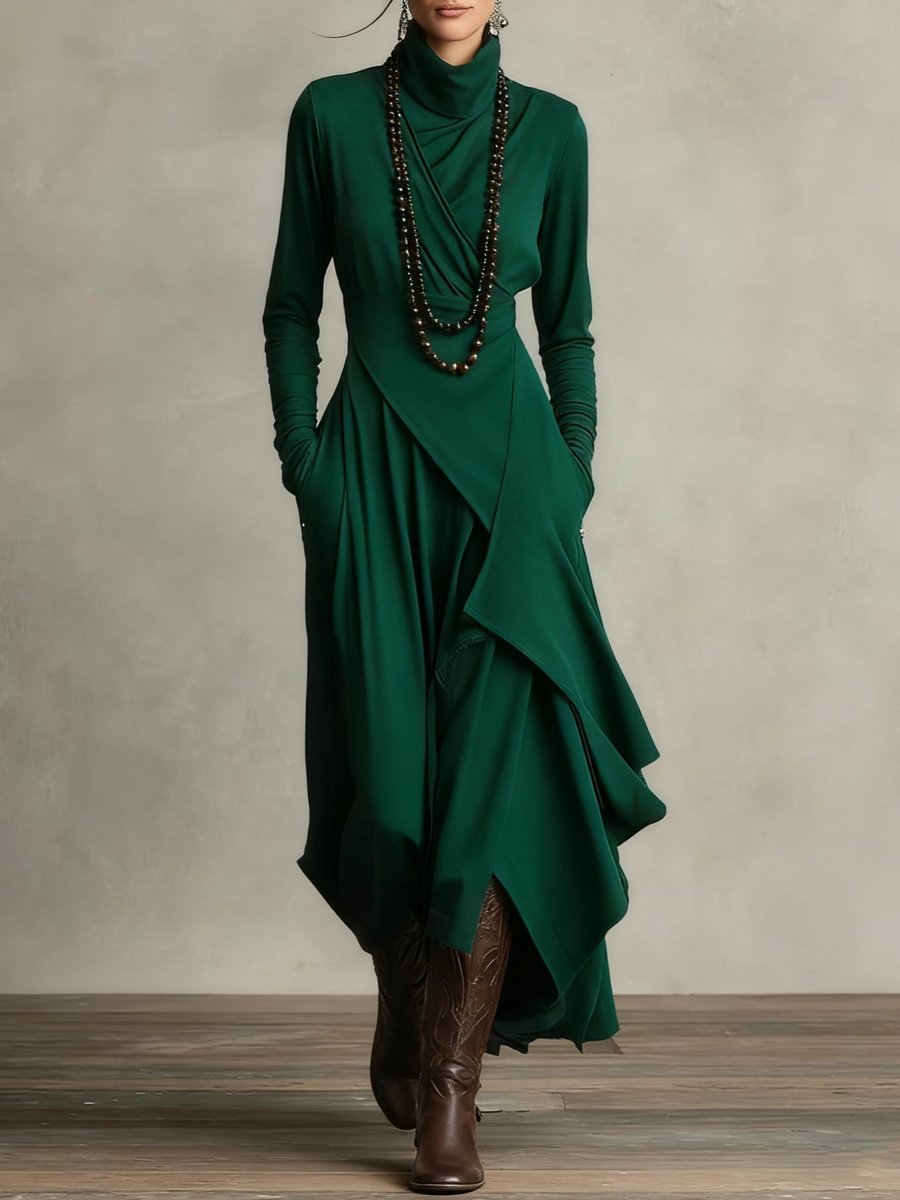Women's Turtleneck Long Sleeve Dress Asymmetric Draped Maxi - Green