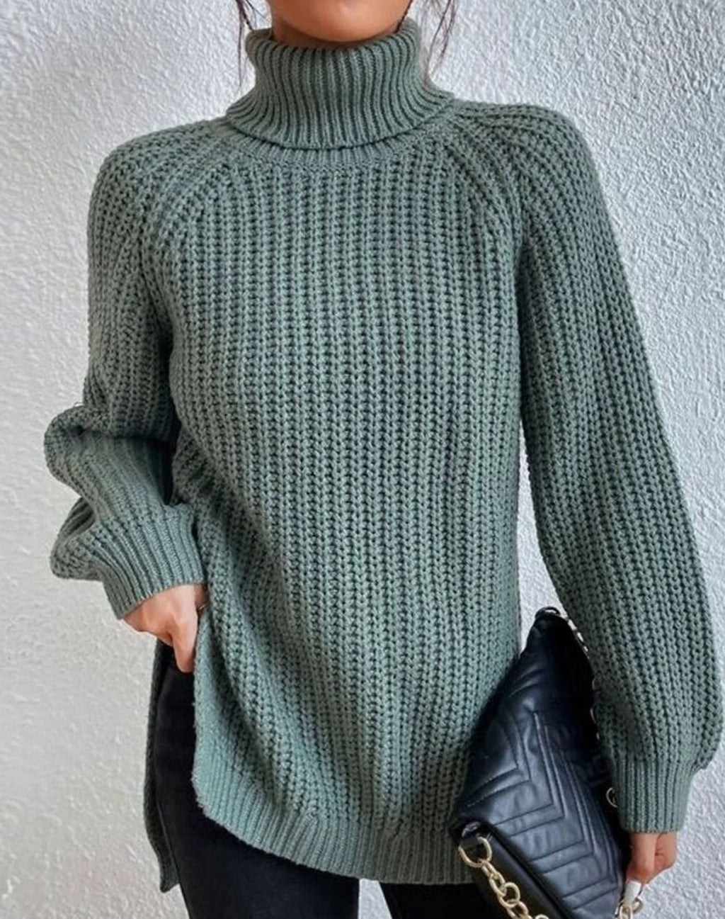 Women's Turtleneck Ribbed Knit Sweater Relaxed-Fit Long-Sleeve Pullover - Green