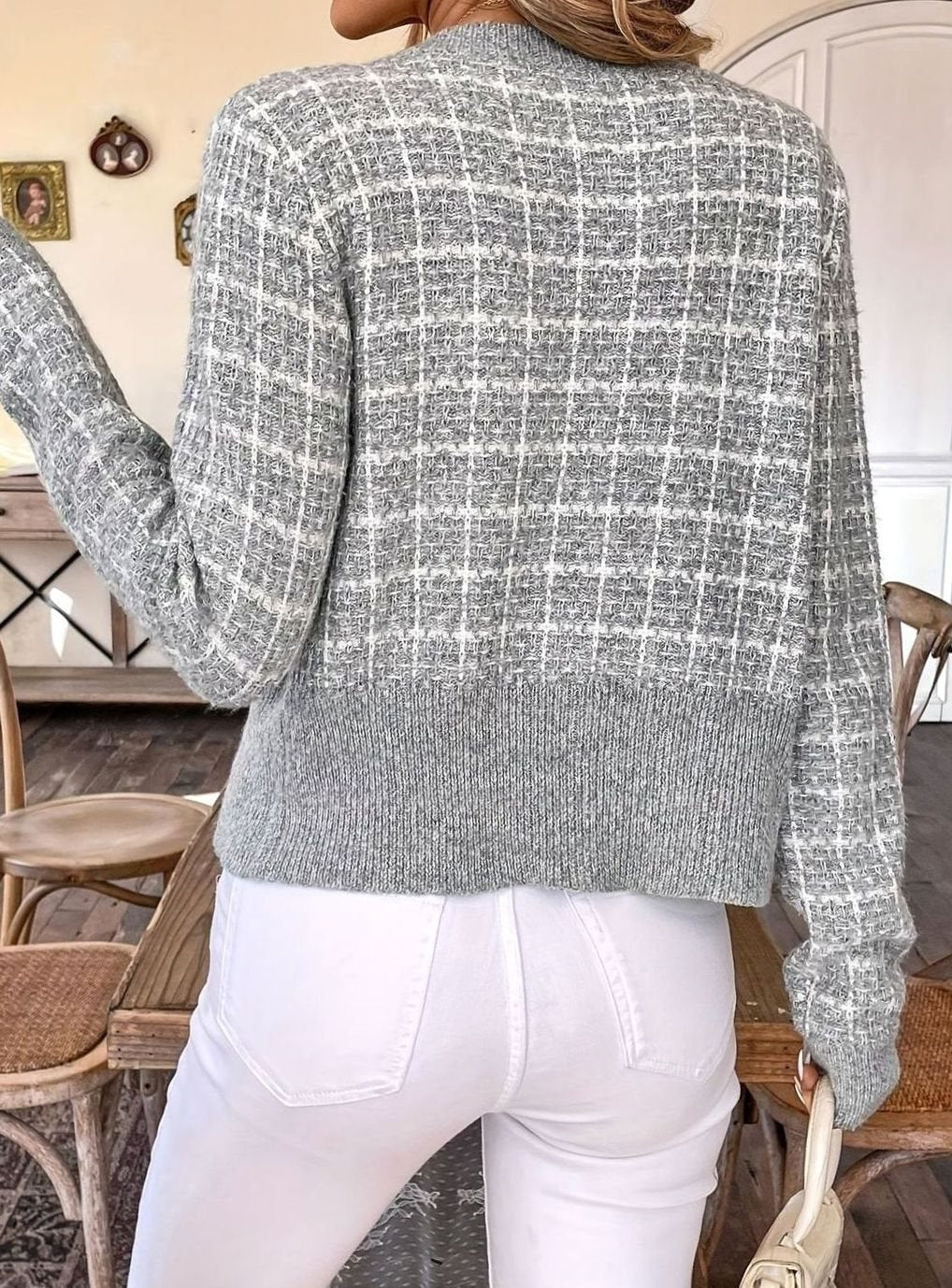 Women's Tweed-Style Gold-Button Cropped Knit Cardigan