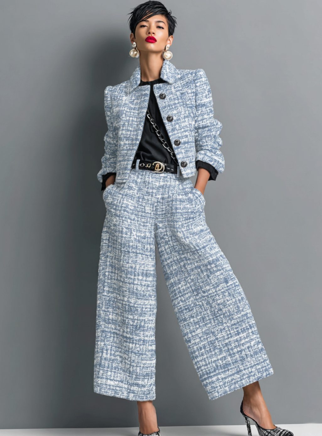 Women's Tweed Wide-Leg Cropped Two-Piece Blazer Pants Set - Blue