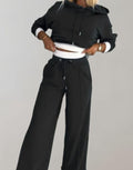 Women's Two-Piece Cropped Hoodie Wide-Leg Tracksuit Pants Set - Black