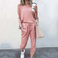 Women's Two-Piece Long-Sleeve Drawstring Jogger Loungewear Sets - Pink